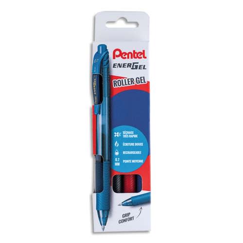 PENTEL Pochette 4 rollers ENERGELX rétractable. Rechargeable. Coloris assortis noir/rouge/bleu/bleu nuit photo du produit Principale L