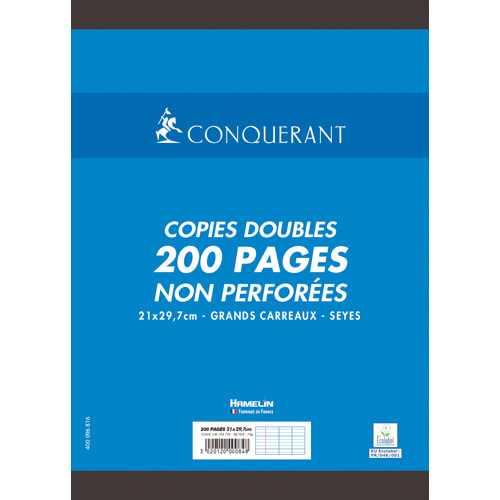 CONQUERANT Copies Doubles Non Perforées A4 Grands Carreaux Seyès 200 Pages  Sous Film Blanches