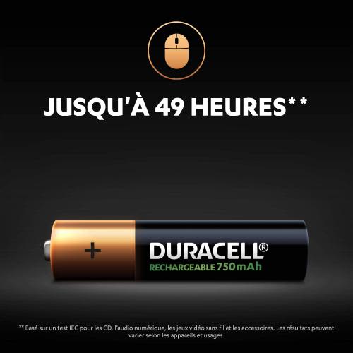 DURACELL Piles Rechargeables AAA 750 Mah, lot de 4 piles