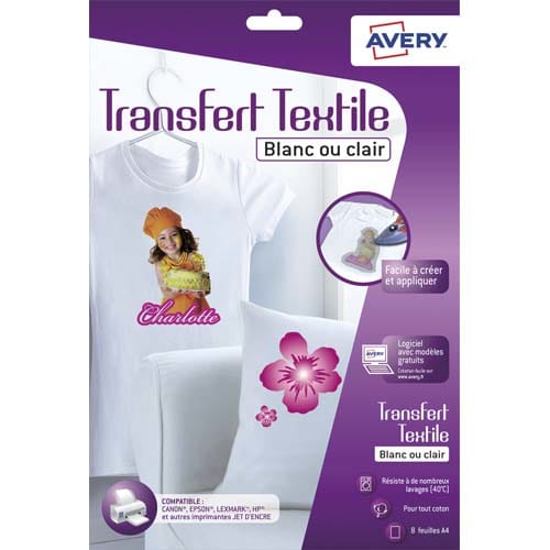 AVERY Boîte de 8 feuilles transferts pour tee-shirt Blanc ou clair photo du produit Principale L