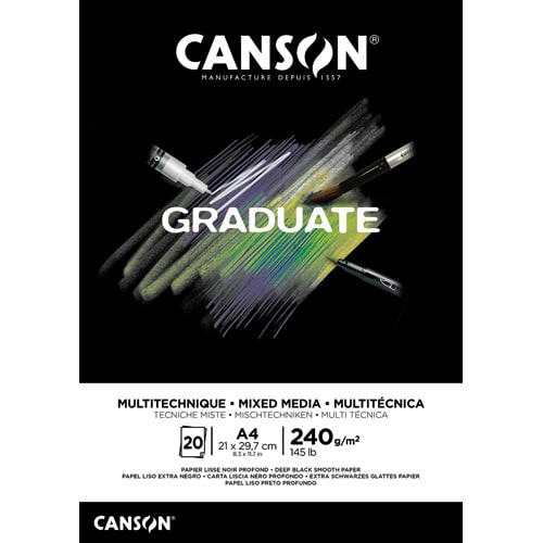 CANSON Bloc de 20 feuilles GRADUATE MIXED MEDIA. Format A4, 240 grammes. Papier lisse noir profond. Collé photo du produit Principale L