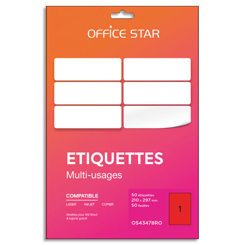 OFFICE STAR Boîte 50 étiquettes adhésives multiusage format A4 210x297mm. Planche A4. Coloris rouge photo du produit Principale L