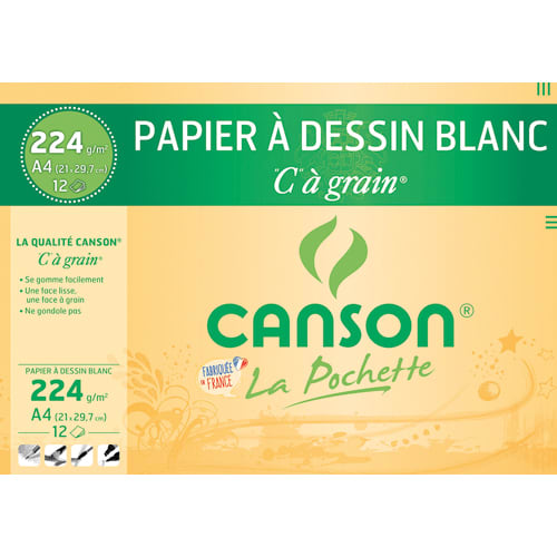 CANSON Pochette 12 feuilles papier dessin Blanc CàGrain 224g format 21x29,7cm photo du produit Principale L