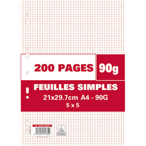 Sachet de 200 pages copies simples grand format A4 petits carreaux 5x5 90g perforées photo du produit Principale L