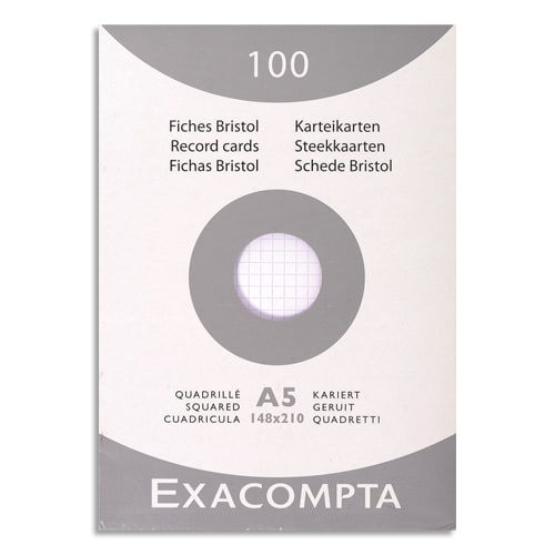 EXACOMPTA Etui de 100 fiches bristol non perforées 148x210mm (A5) quadrillées 5x5 Blanc photo du produit Principale L