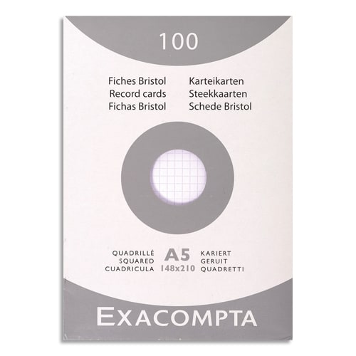 EXACOMPTA Étui de 100 fiches - bristol quadrillé 5x5 non perforé 125x200mm  - Couleurs assorties - Papier spécifique - LDLC