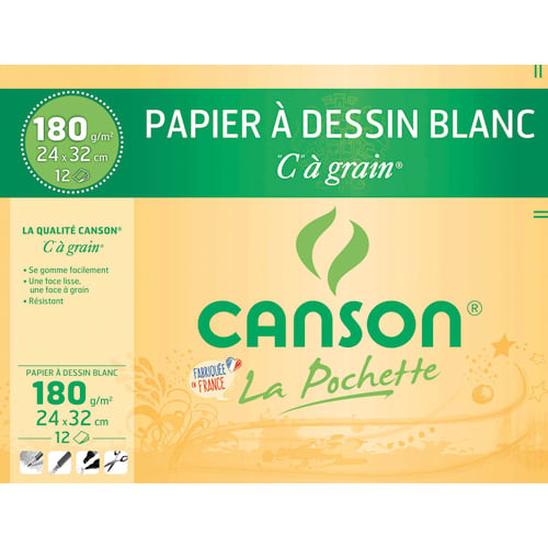 CANSON Pochette de 12 feuilles 24x32cm papier dessin Blanc C A GRAIN 180g photo du produit Principale L