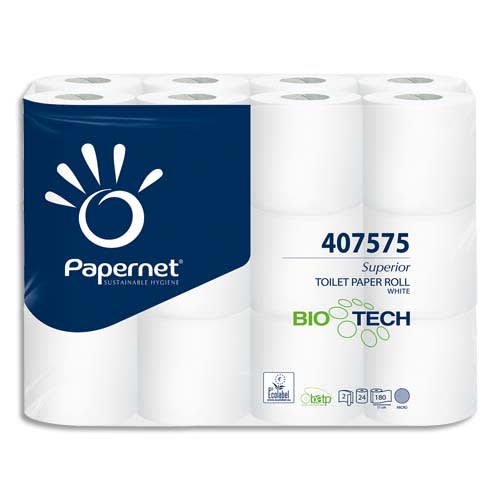 PAPERNET Paquet de 24 rouleaux de Papier toilette Bio Tech 2 plis pure cellulose 180 fts L19,80m Blanc photo du produit Principale L