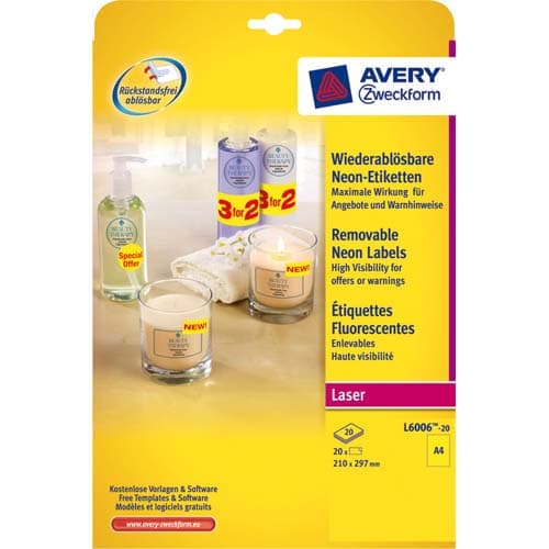 AVERY Boîte de 20 etiquettes Laser rectangulaires enlevables 21x29,7cm coloris Jaune fluo L6006-20 photo du produit Principale L