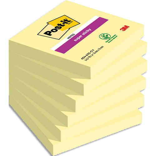 POST-IT Lots de 6 blocs Notes Super Sticky POST-IT® jaunes 90 feuilles 76 x 76 mm photo du produit