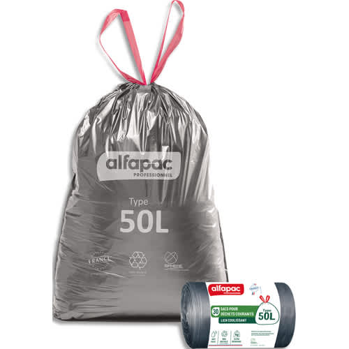 ALFAPAC Boîte de 390 sacs à lien coulissant recyclé type 50L résistant coloris argent/noir photo du produit Principale L