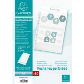 EXACOMPTA Sachet de 50 pochettes perfor&eacute;es A4 en polypropyl&egrave;ne grain&eacute; 5/100e cristal photo du produit