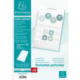 EXACOMPTA Sachet de 50 pochettes perforées A4 en polypropylène grainé 5/100e cristal photo du produit