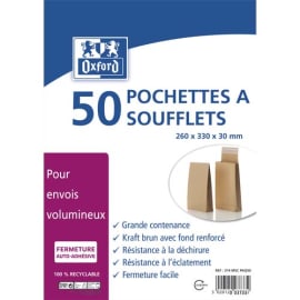 BONG Paquet de 50 pochettes kraft auto-adhésives 120g format 24 260x330 mm, soufflet 30 mm photo du produit