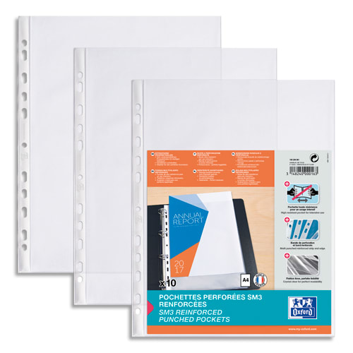 OXFORD Sachet de 10 pochettes perforées SM3 en PVC 10/100e. Format A4,  perforation 9 trous, bord renforcé