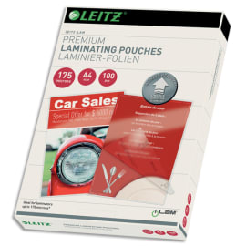 LEITZ Pochettes de plastification, 175 microns par face, format A4, boîte de 100, brillant, 74830000 photo du produit