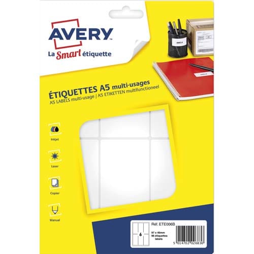 AVERY Sachet de 96 étiquettes multi-usage Blanches 97 x 46 mm. Planche format A5. ETE006B photo du produit Principale L