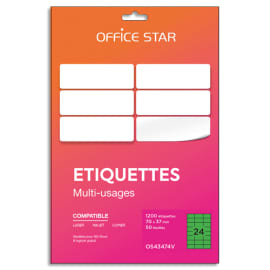 OFFICE STAR Boîte 1200 étiquettes adhésives multiusage format 70x37mm. Planche A4. Coloris vert photo du produit