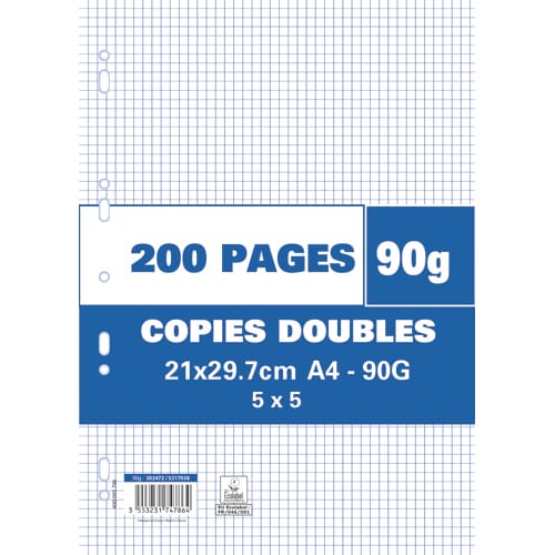 Sachet de 200 pages copies doubles grand format A4 petits carreaux 5x5 90g perforées photo du produit Principale L