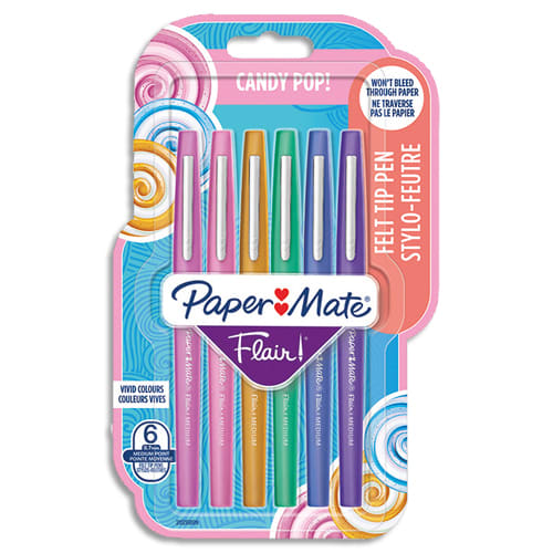 PAPERMATE Blister de 6 stylos feutres Flair Candy Pop. Framboise, Fraise, Caramel, Vert, Bleu, Raisin photo du produit Principale L