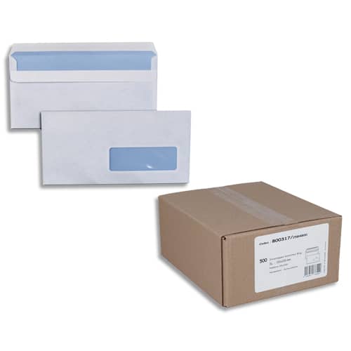 Boîte de 500 enveloppes Blanches 80g DL 110x220 mm fenêtre 35x100 mm autocollantes photo du produit Principale L