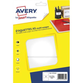 AVERY Sachet de 48 étiquettes multi-usage Blanches 64 x 133 mm. Planche format A5. ETE003 photo du produit