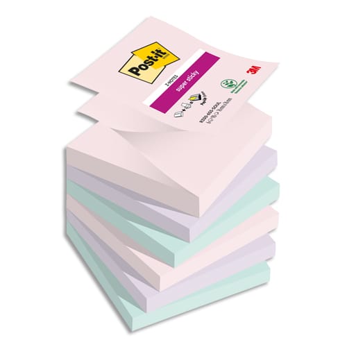 POST-IT® Z-Notes Super Sticky Soulful. 76 x 76 mm.Lot de 6 blocs de 90 F. Ass : rose, bleu et vert. photo du produit