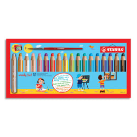 STABILO woody 3in1 crayon de couleur - Etui carton de 18 crayons + taille-crayon + pinceau rond photo du produit