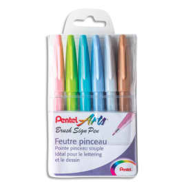 PENTEL Pochette Pastel de 6 Feutres pinceau Brush Sign Pen. Pointe souple résistante, Encre aquarellable photo du produit