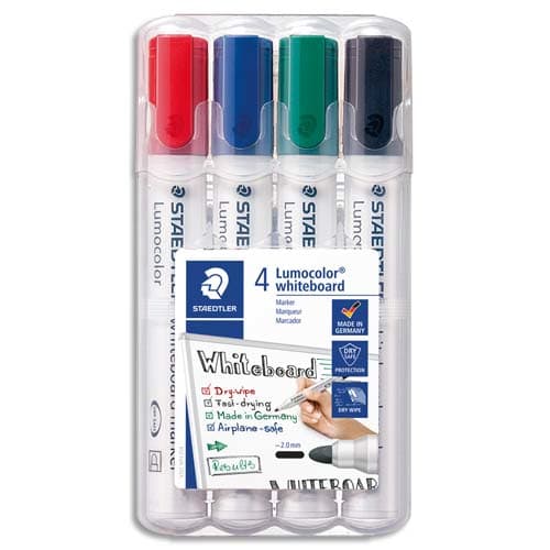 STAEDTLER Pochette de 4 marqueurs effaçables à sec pointe ogive encre alcool  4 couleurs assorties 351