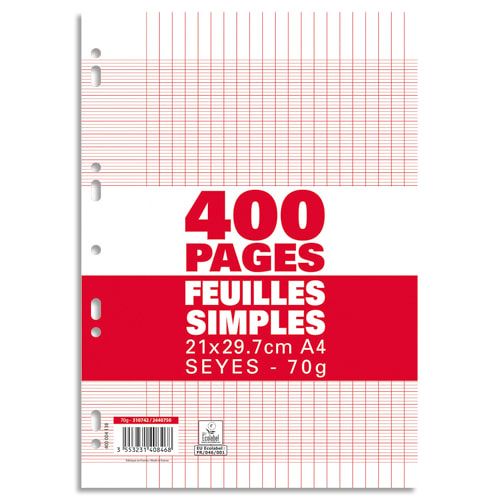 Sachet de 400 pages copies simples grand format A4 grands carreaux Seyès 70g perforées photo du produit Principale L