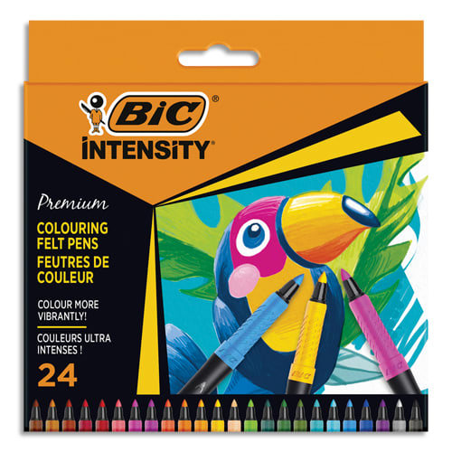 BIC Etui de 24 feutres de coloriage Intensity premium. Grip caoutchouc.  Couleurs assorties. ≡ CALIPAGE