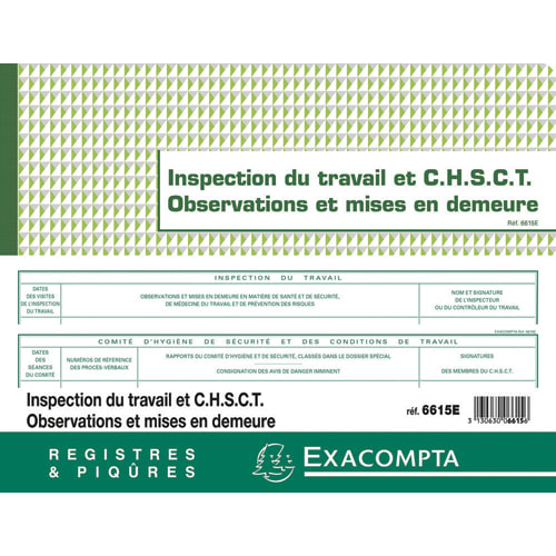 EXACOMPTA Registre piqûre Inspection du travail, CHSCT, observations, mise en demeure. Format 24x32cm 16p photo du produit Principale L