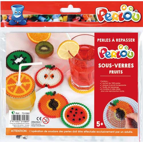 PERLOU Kit d activité 1500 perles à repasser assorties, 1 plaque, 5 modèles dessous de verre Fruit photo du produit Principale L