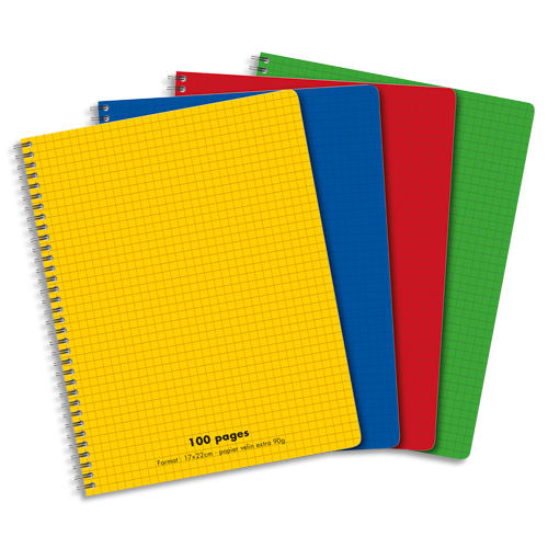 Cahier spirale 17x22cm 100 pages petits carreaux 5x5 90g. Couverture  polypro assortie