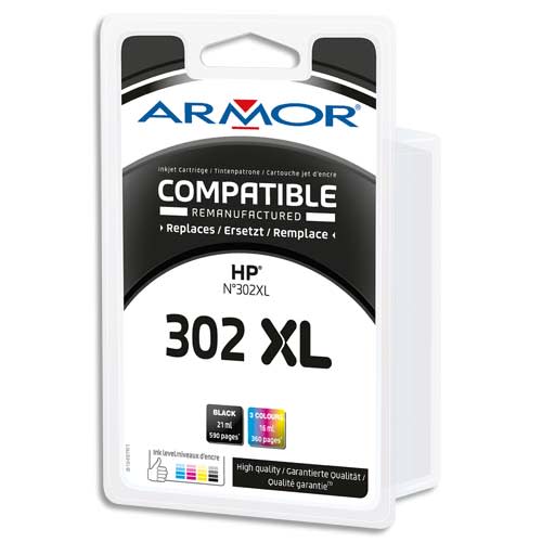 ARMOR Multipack de 2 cartouches compatibles Noir + 3 couleurs HP 302XL B10397R1 photo du produit Principale L