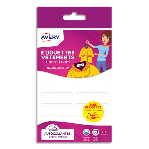 AVERY Blister de 36 étiquettes vêtements autocollantes 13 x 45 mm, coloris  Blanc