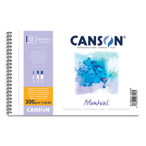 CANSON Album spiralé 12 feuilles papier aquarelle MONTVAL, 13.5x21, 300G,  grain fin Blanc naturel