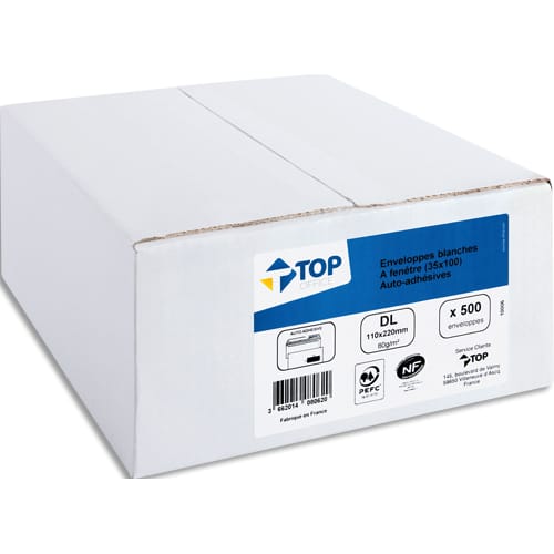 TOP OFFICE Boîte de 500 enveloppes blanches DL 110x220mm fenêtre 35x100mm 80g autoadhésives photo du produit Principale L