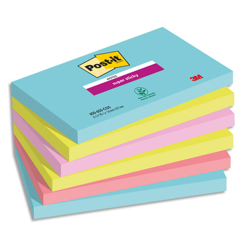 POST-IT Lots de 6 blocs Notes Super Sticky POST-IT® couleurs COSMIC 90 feuilles 76 x 127 mm photo du produit