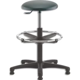 Tabouret grande hauteur vinyle Noir avec repose-pieds en acier chromé sur patins, réglable en hauteur photo du produit