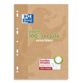 OXFORD Etui 200 copies simples recyclées 90g perforées blanches format 21x29,7cm grands carreaux Seyès photo du produit