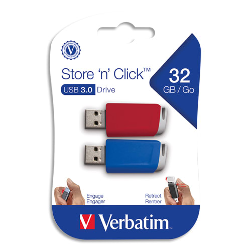 VERBATIM Pack de 2 clés USB 3.0 rétractables 32Go Store 'n' Click Rouge/Bleu 49308 photo du produit Principale L