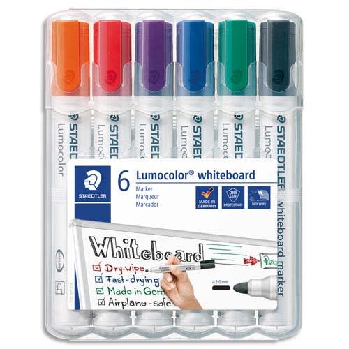 STAEDTLER Etui de 6 marqueurs LUMOCOLOR 351 effaçable à sec. Pointe ogive 2 mm. Coloris assortis photo du produit Principale L