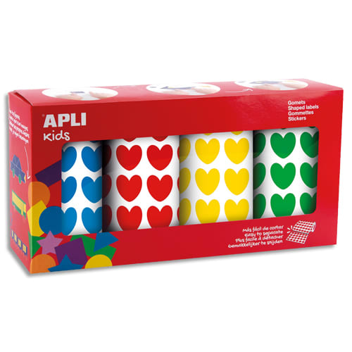 APLI KIDS Boîte de 4 rouleaux de gommettes (7080 u) cœur 20 mm couleurs ass (bleu, rouge, jaune, vert) photo du produit Principale L