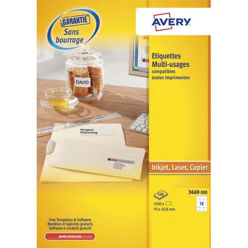 AVERY Boîte de 1500 étiquettes Blanches multi-usages 70 x 50,8 mm 3669-100 photo du produit Principale L