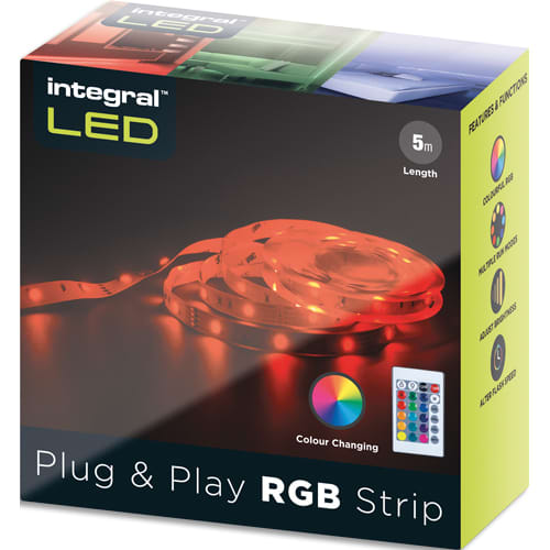 INTEGRAL Bandeau LED PLUG&PLAY 5 mètres, 30 LED/m 4.5W/m Fonctionne sur prise Réglable avec télécommande photo du produit Principale L