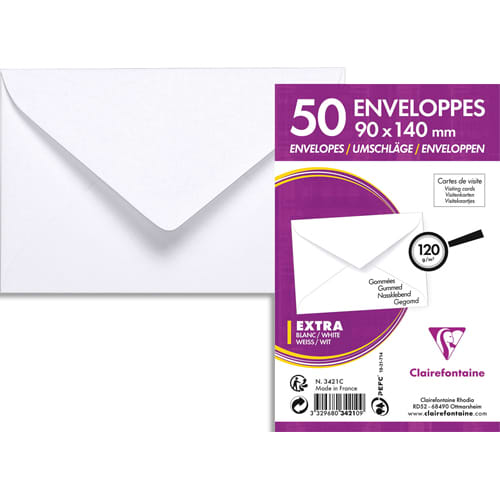 CLAIREFONTAINE Paquet 50 enveloppes blanches 120g 90x140mm gommées photo du produit Principale L