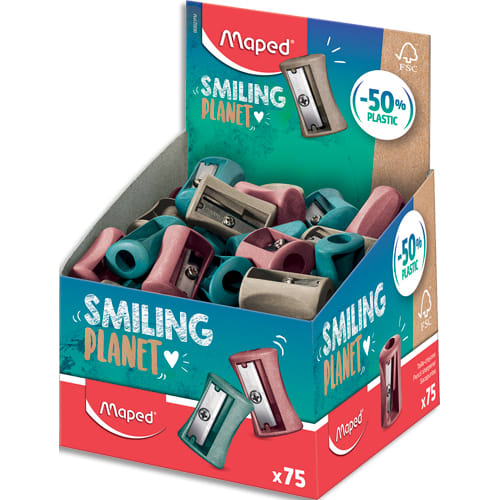 MAPED Taille-Crayons Vivo 1 trou Smiling Planet composé à 50% de fibres de bois FSC, livré en présentoir photo du produit Principale L