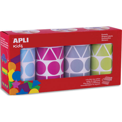 APLI KIDS Boîte de 4 rouleaux de gommettes géométriques 27mm, couleurs ass (bleu, fuchsia, gris et vert) photo du produit Principale L